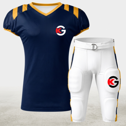 Custom Sublimated Lacrosse Uniform Set – Navy Blue & Gold Jersey with Integrated Padded White Pants